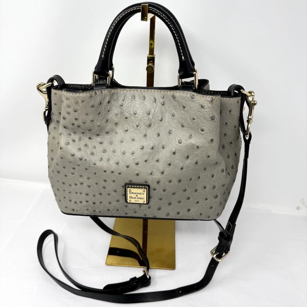 Dooney & Bourke Ostrich Embossed Leather Satchel Crossbody Gray Black Bag